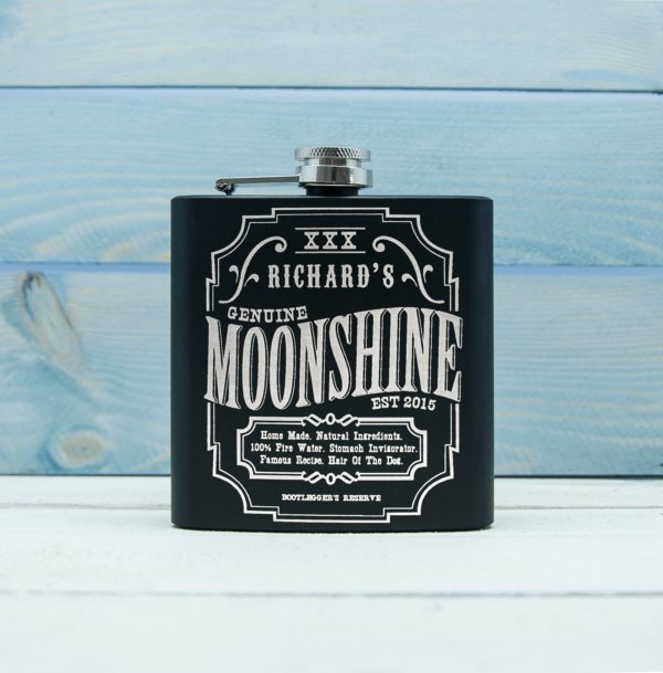 Product image of Personalised Moonshine Vintage Matte Black Hip Flask from Treat Republic