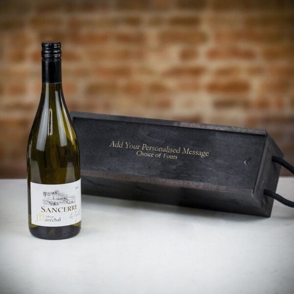 Product image of Adrien Marechal Sancerre White Wine in Personalised Black Sliding Lid Wooden Gift Box  - Engraved with your message from Farrar and Tanner