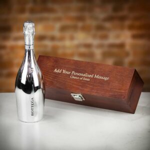 Product image of Bottega Spa DOC White Gold Prosecco in Personalised Premium Wood Gift Box  - Engraved with your message from Farrar and Tanner