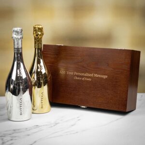 Product image of Bottega Spa Gold Prosecco and White Prosecco in Personalised Duo Premium Wood Gift Box  - Engraved with your message from Farrar and Tanner