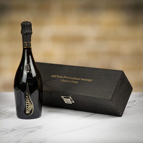 Product image of Bottega Spa Poeti Valdobbiadene Prosecco Superiore DOCG Extra Dry in Personalised Black Hinged Wood Gift Box   - Engraved with your message from Farrar and Tanner