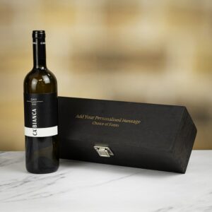 Product image of Ca'Bianca Gavi White Wine in Personalised Black Hinged Wood Gift Box  - Engraved with your message from Farrar and Tanner