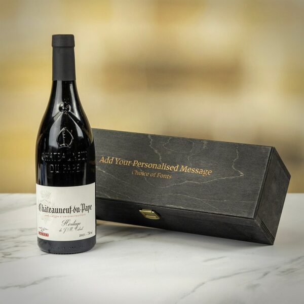 Product image of Calvet Châteauneuf Du Pape Red Wine in Personalised Black Hinged Wooden Gift Box  - Engraved with your message from Farrar and Tanner