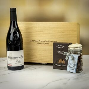 Product image of Calvet Chateauneuf  Du Pape Red Wine with Chocolate and Fudge Personalised Gift Set  - Engraved with your message from Farrar and Tanner