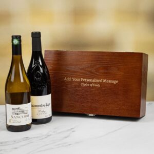 Product image of Calvet Chateauneuf Du Pape & Sancerre Premium French Wine Duo in Personalised Wood Gift Box  - Engraved with your message from Farrar and Tanner