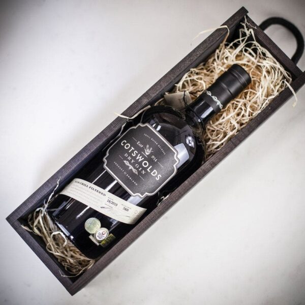 Product image of Cotswolds Dry Gin in Personalised Black Sliding Lid Wooden Gift Box  - Engraved with your message from Farrar and Tanner