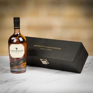 Product image of Cotswolds Single Malt Whisky in Personalised Black Hinged Wood Gift Box  - Engraved with your message from Farrar and Tanner