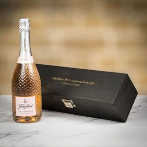 Product image of Freixenet Italian Sparkling Rosé in Personalised Black Hinged Wood Gift Box  - Engraved with your message from Farrar and Tanner