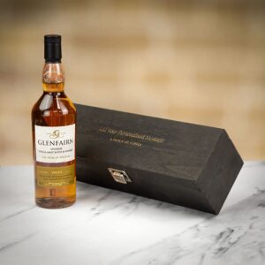 Product image of Glenfairn Sweet Single Malt Whisky in Personalised Black Hinged Wood Gift Box  - Engraved with your message from Farrar and Tanner