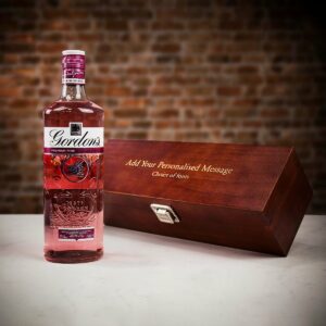 Product image of Gordon's Pink Distilled Gin in Personalised Premium Wood Gift Box  - Engraved with your message from Farrar and Tanner
