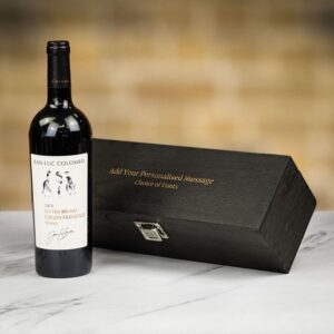 Product image of Jean-Luc Colombo Les Fées Brunes Red Wine in Personalised Black Hinged Wood Gift Box  - Engraved with your message from Farrar and Tanner