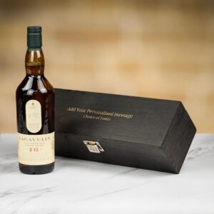 Product image of Lagavulin 16 Year Old Single Malt Islay Whisky in Personalised Black Hinged Wood Gift Box  - Engraved with your message from Farrar and Tanner