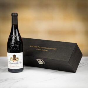 Product image of Les Clefs du Paradis Châteauneuf du Pape Red Wine in Personalised Black Hinged Wood Gift Box  - Engraved with your message from Farrar and Tanner