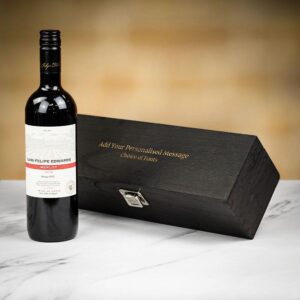 Product image of Luis Felipe Edwards 'Lot 18' Merlot Red Wine in Personalised Black Hinged Wood Gift Box  - Engraved with your message from Farrar and Tanner