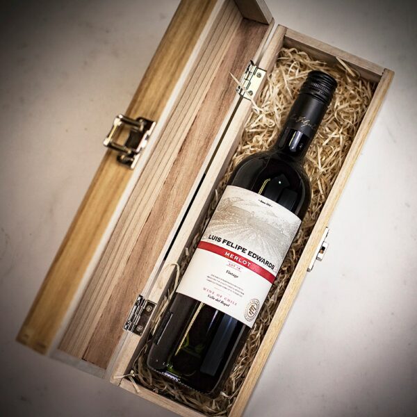 Product image of Luis Felipe Edwards 'Lot 18' Merlot Red Wine in Personalised Wood Gift Box  - Engraved with your message from Farrar and Tanner