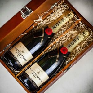Product image of Moët & Chandon Champagne in Personalised Premium Wood Gift Box - Two Bottles  - Engraved with your message from Farrar and Tanner