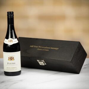 Product image of Pascal Clément Fleurie Red Wine in Personalised Black Hinged Wood Gift Box  - Engraved with your message from Farrar and Tanner