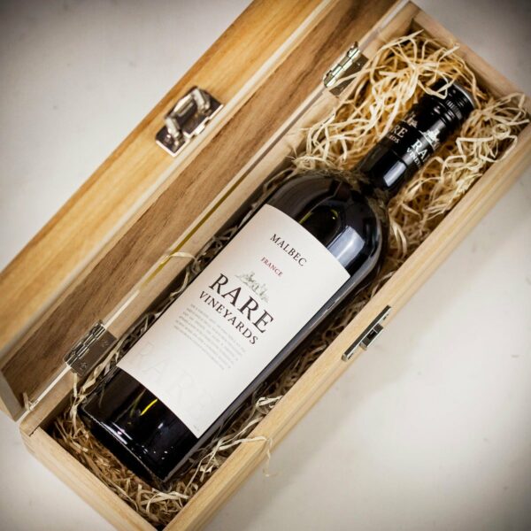 Product image of Rare Vineyards Malbec French Red Wine in Personalised Wood Gift Box  - Engraved with your message from Farrar and Tanner