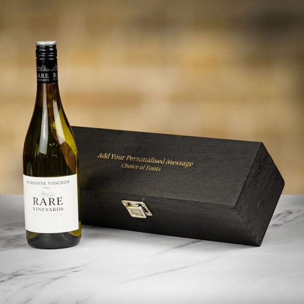 Product image of Rare Vineyards Marsanne-Viognier White Wine in Personalised Black Hinged Wood Gift Box  - Engraved with your message from Farrar and Tanner