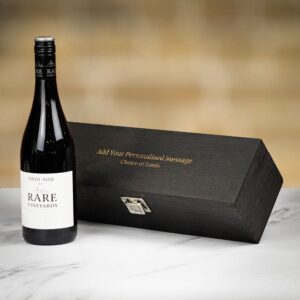 Product image of Rare Vineyards Pinot Noir Red Wine in Personalised Black Hinged Wood Gift Box  - Engraved with your message from Farrar and Tanner
