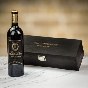 Product image of Saint-Emilion Marquis de Rothberg Red Wine in Personalised Black Hinged Wood Gift Box  - Engraved with your message from Farrar and Tanner