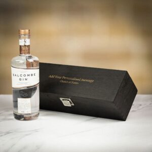 Product image of Salcombe Start Point Gin in Personalised Black Hinged Wood Gift Box  - Engraved with your message from Farrar and Tanner