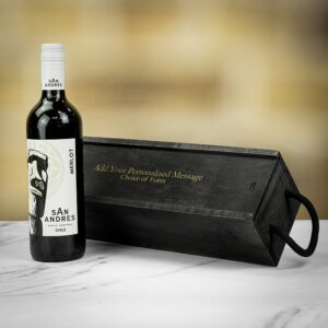 Product image of San Andres Chilean Merlot Red Wine in Personalised Black Sliding Lid Wooden Gift Box  - Engraved with your message from Farrar and Tanner
