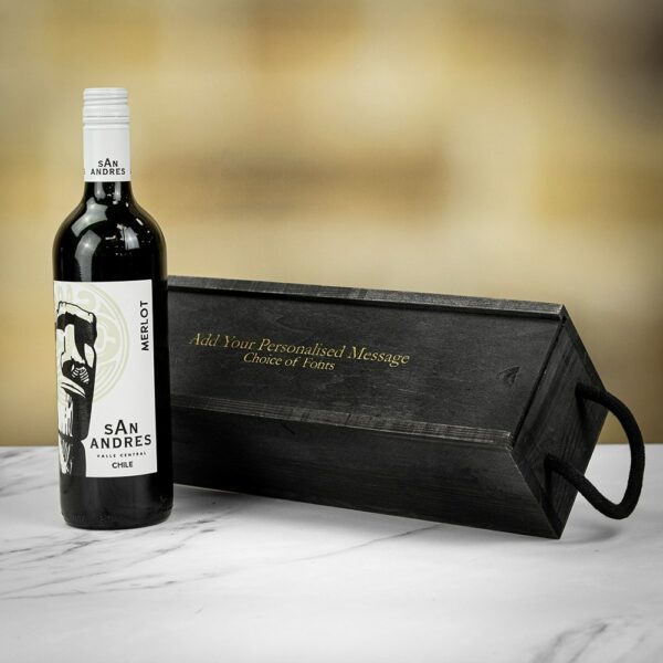 Product image of San Andres Chilean Merlot Red Wine in Personalised Black Sliding Lid Wooden Gift Box  - Engraved with your message from Farrar and Tanner