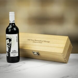 Product image of San Andres Chilean Merlot Red Wine in Personalised Wood Gift Box  - Engraved with your message from Farrar and Tanner