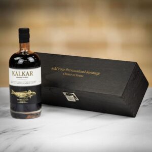 Product image of The Cornish Distilling Co. Kalkar Coffee Rum in Personalised Black Hinged Wood Gift Box  - Engraved with your message from Farrar and Tanner